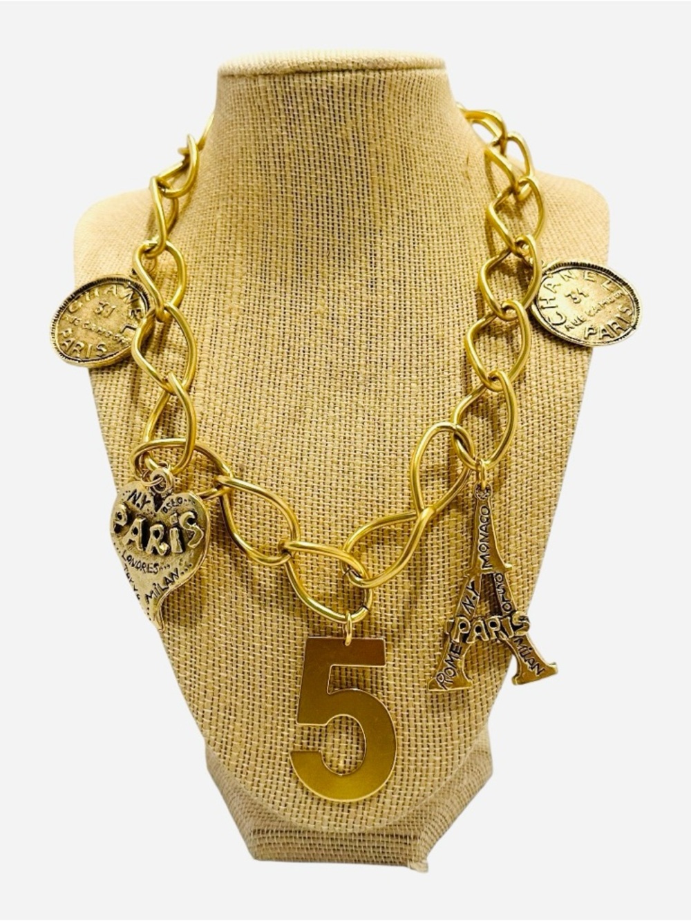 Yochi Gold-Tone Paris Charm Statement Necklace with Number 5 Pendant